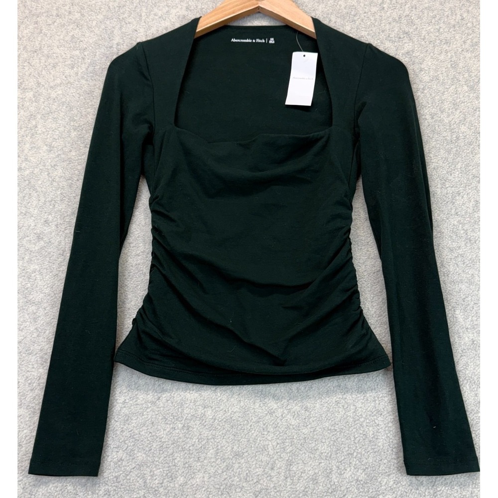 NWT Abercrombie & Fitch Womens Top Dark Green Ruched Square Neck Long Sleeve XS